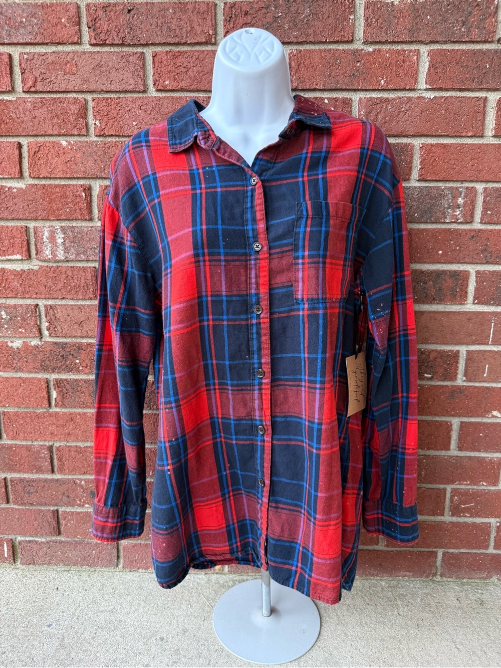 Handmade - Rose - Women's Red & Navy Plaid Floral Button-Up Shirt - Picture 8 of 13